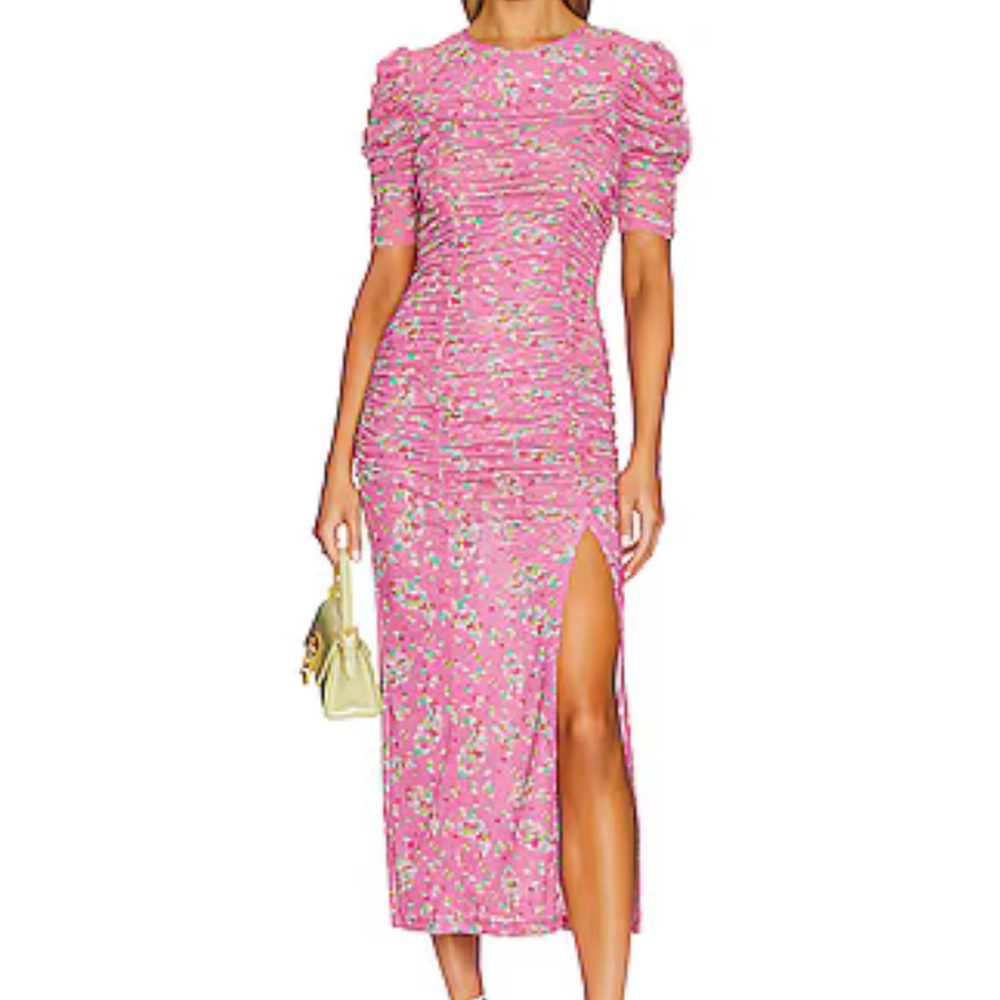 Free People Briella Pink Flowered Shirred Mesh Midi Dress